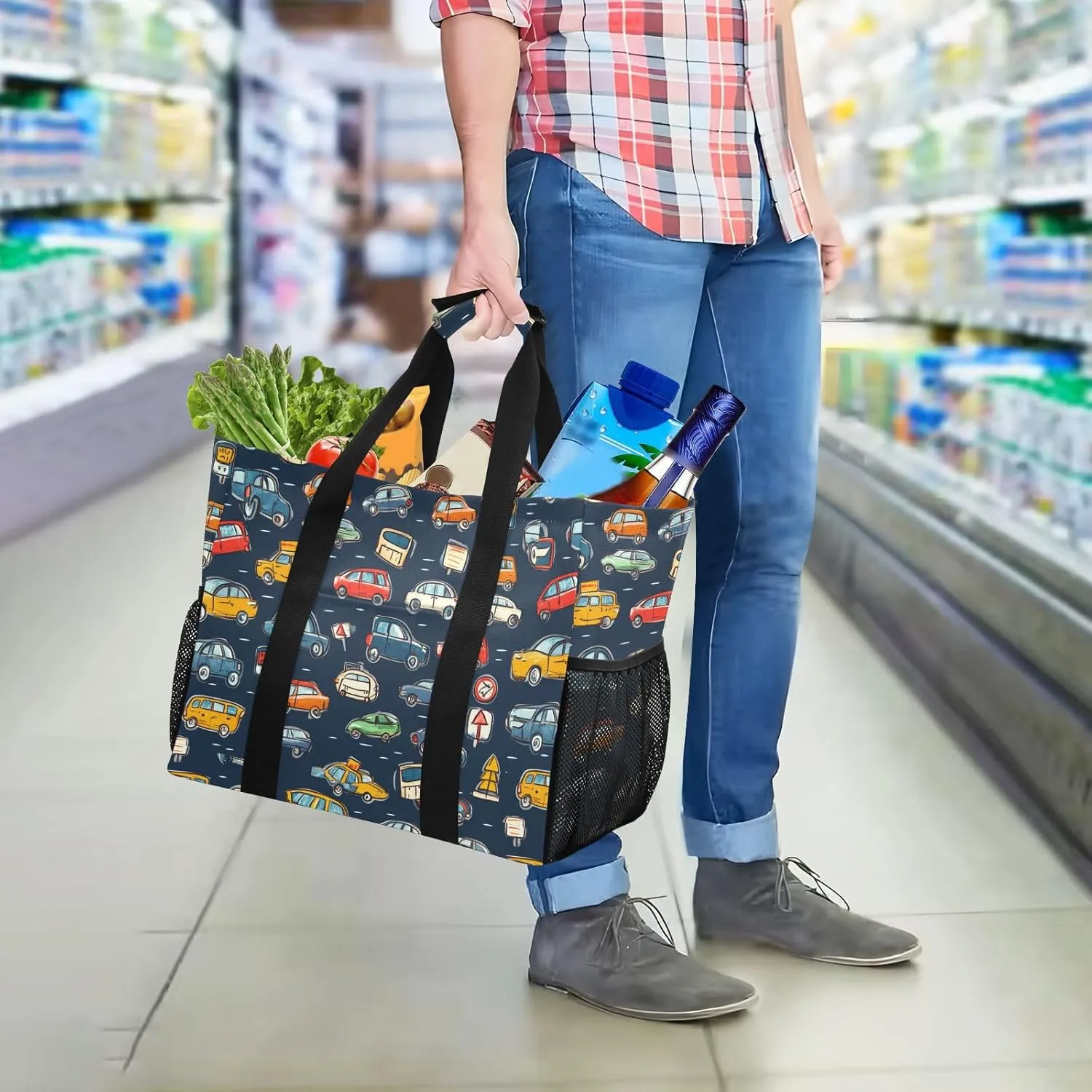 ALAZA Cartoon Cars Transport Waterproof Beach Tote Bags