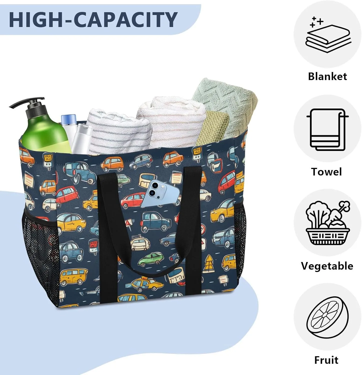 ALAZA Cartoon Cars Transport Waterproof Beach Tote Bags