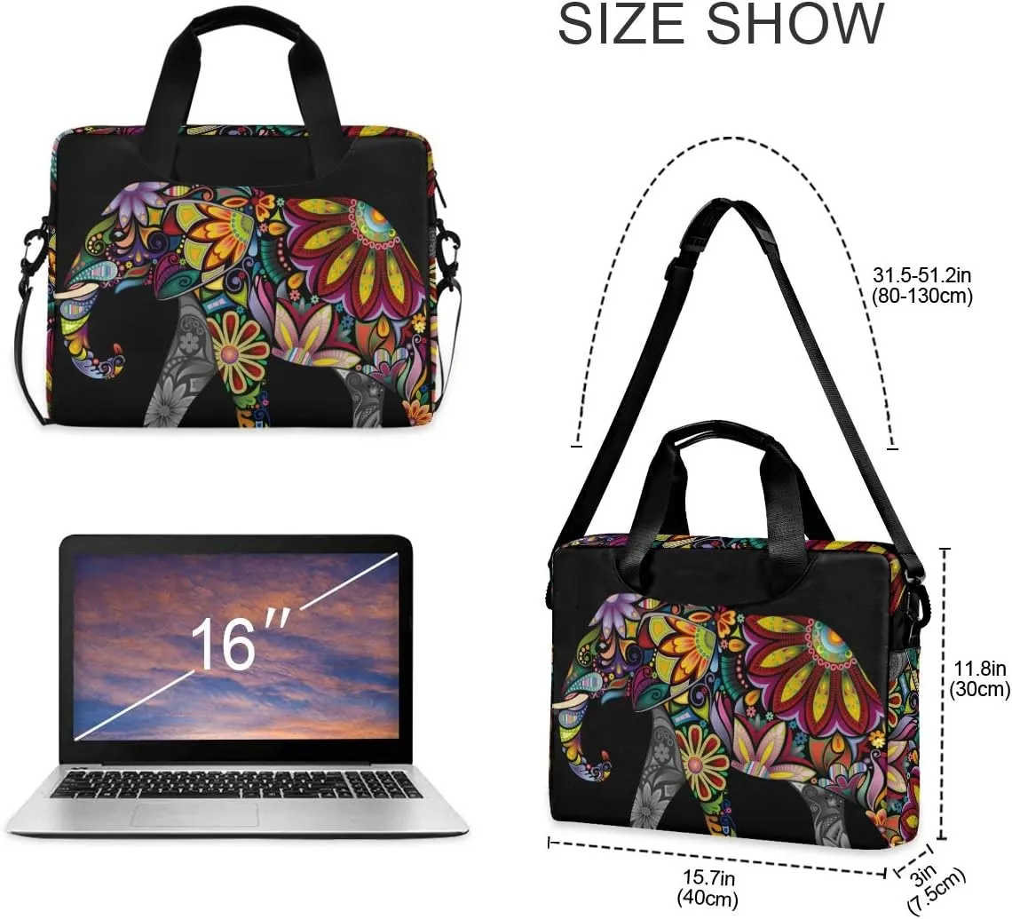 ALAZA Cheerful Indian African Elephant Boho Laptop Case Bag Sleeve Portable Crossbody Messenger Briefcase w/Strap Handle, 13 14 15.6 inch