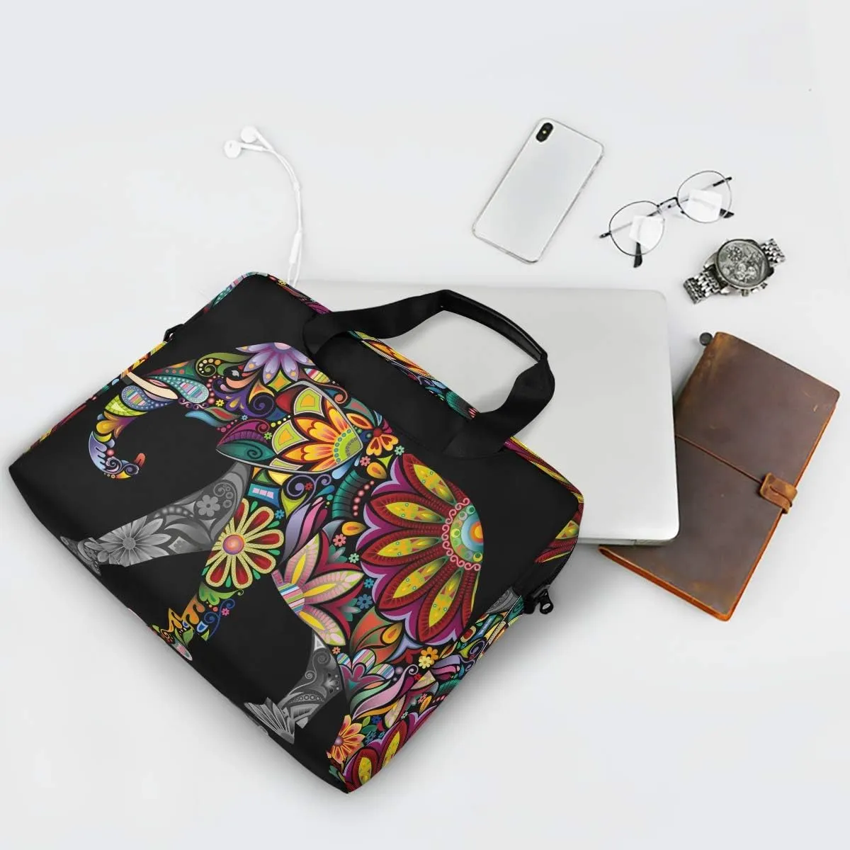 ALAZA Cheerful Indian African Elephant Boho Laptop Case Bag Sleeve Portable Crossbody Messenger Briefcase w/Strap Handle, 13 14 15.6 inch