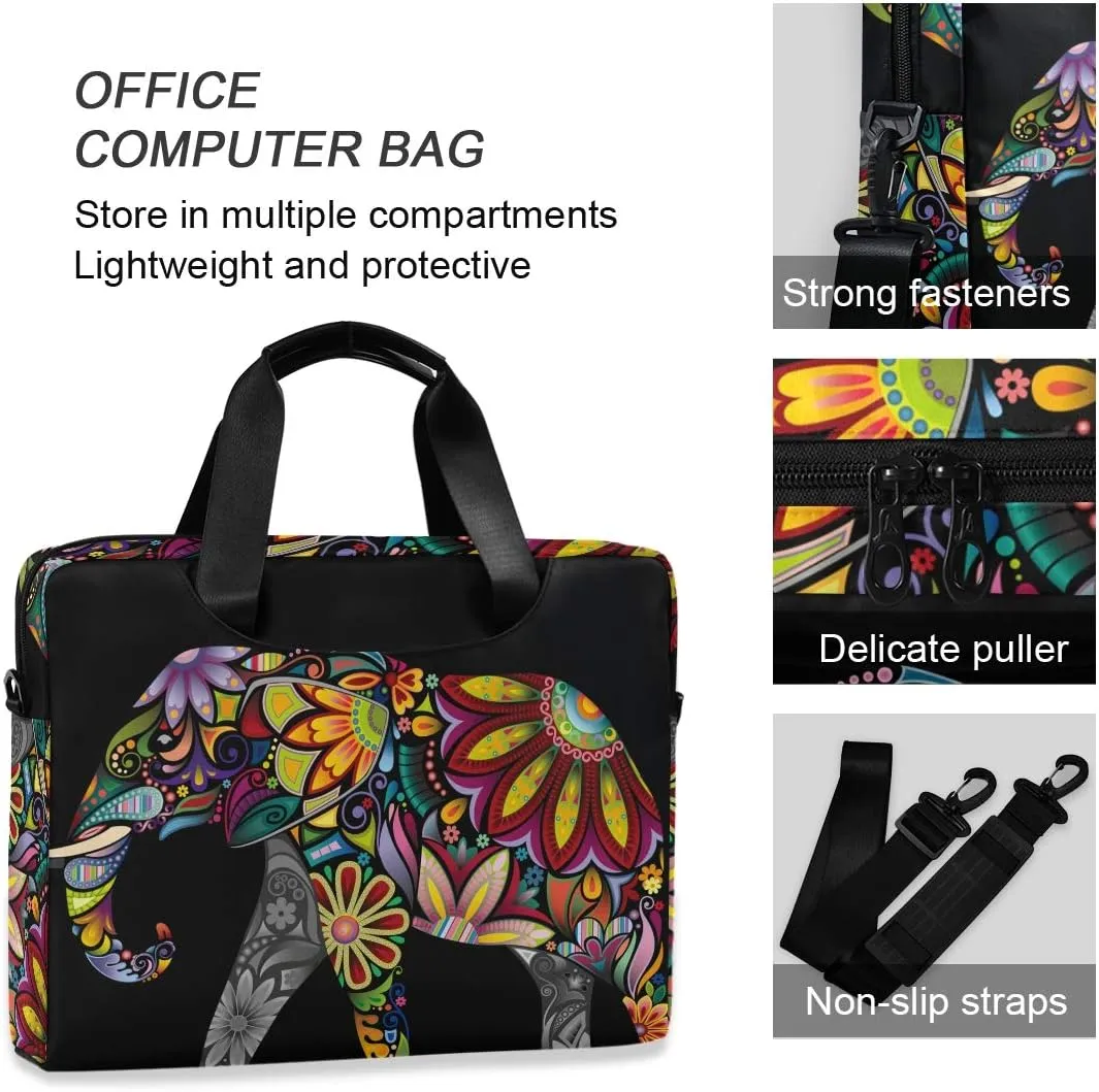 ALAZA Cheerful Indian African Elephant Boho Laptop Case Bag Sleeve Portable Crossbody Messenger Briefcase w/Strap Handle, 13 14 15.6 inch