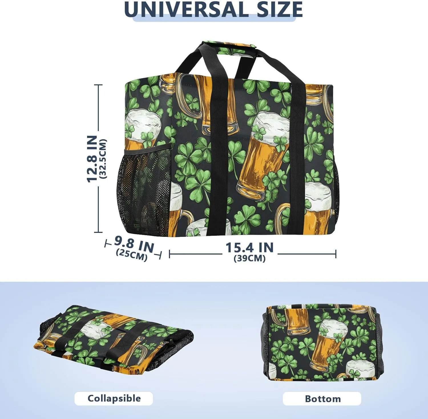 ALAZA Clover Leaves and Glasses Of Beer for St. Patrick's Day Waterproof Beach Tote Bags