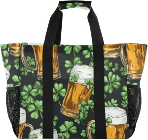 ALAZA Clover Leaves and Glasses Of Beer for St. Patrick's Day Waterproof Beach Tote Bags