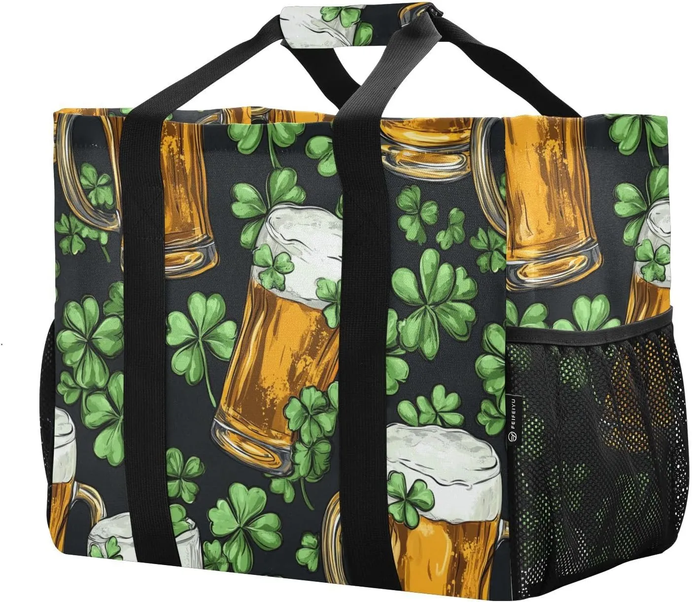 ALAZA Clover Leaves and Glasses Of Beer for St. Patrick's Day Waterproof Beach Tote Bags