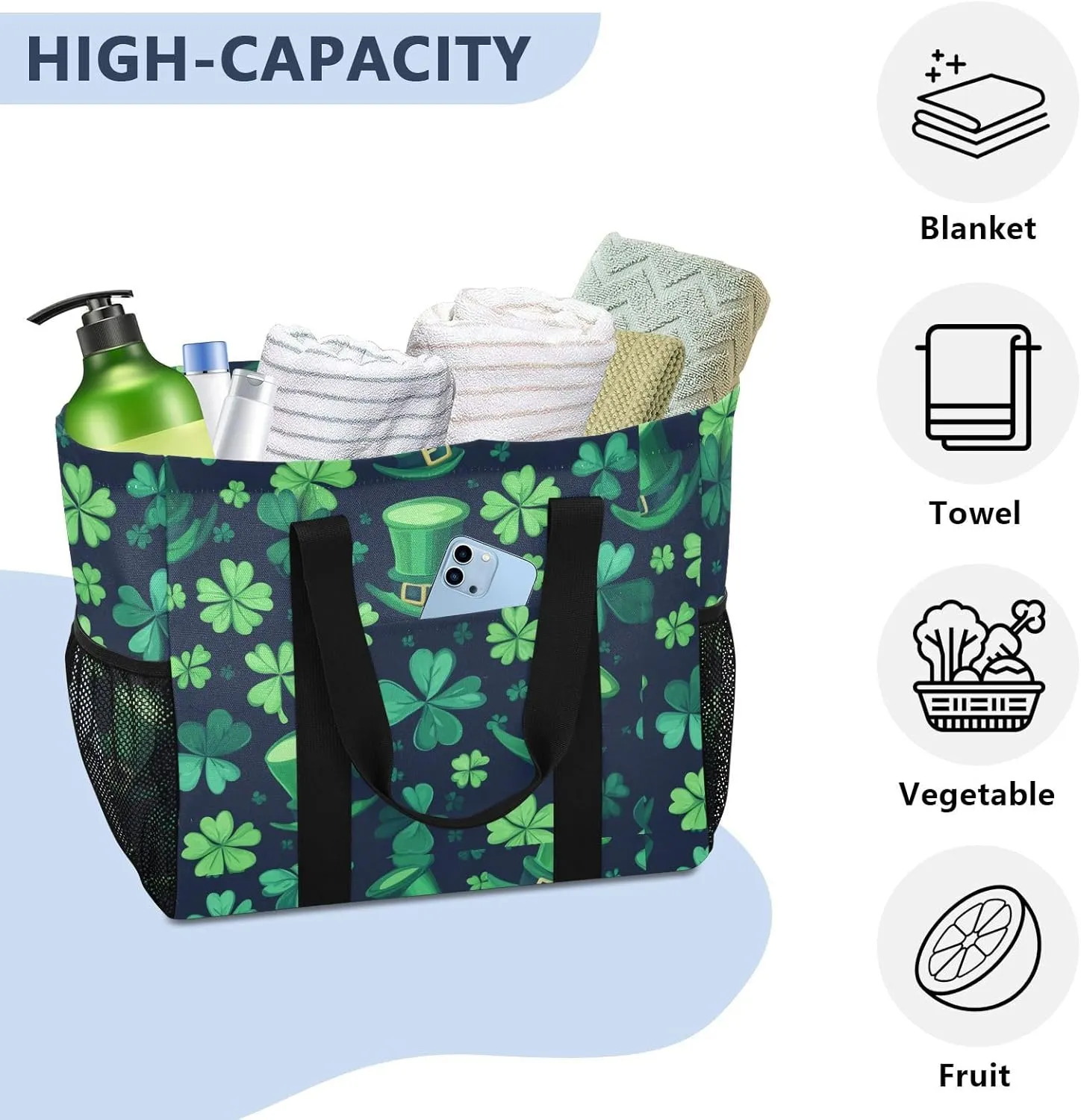 ALAZA Clover Leaves and Glasses Of Beer for St. Patrick's Day Waterproof Beach Tote Bags