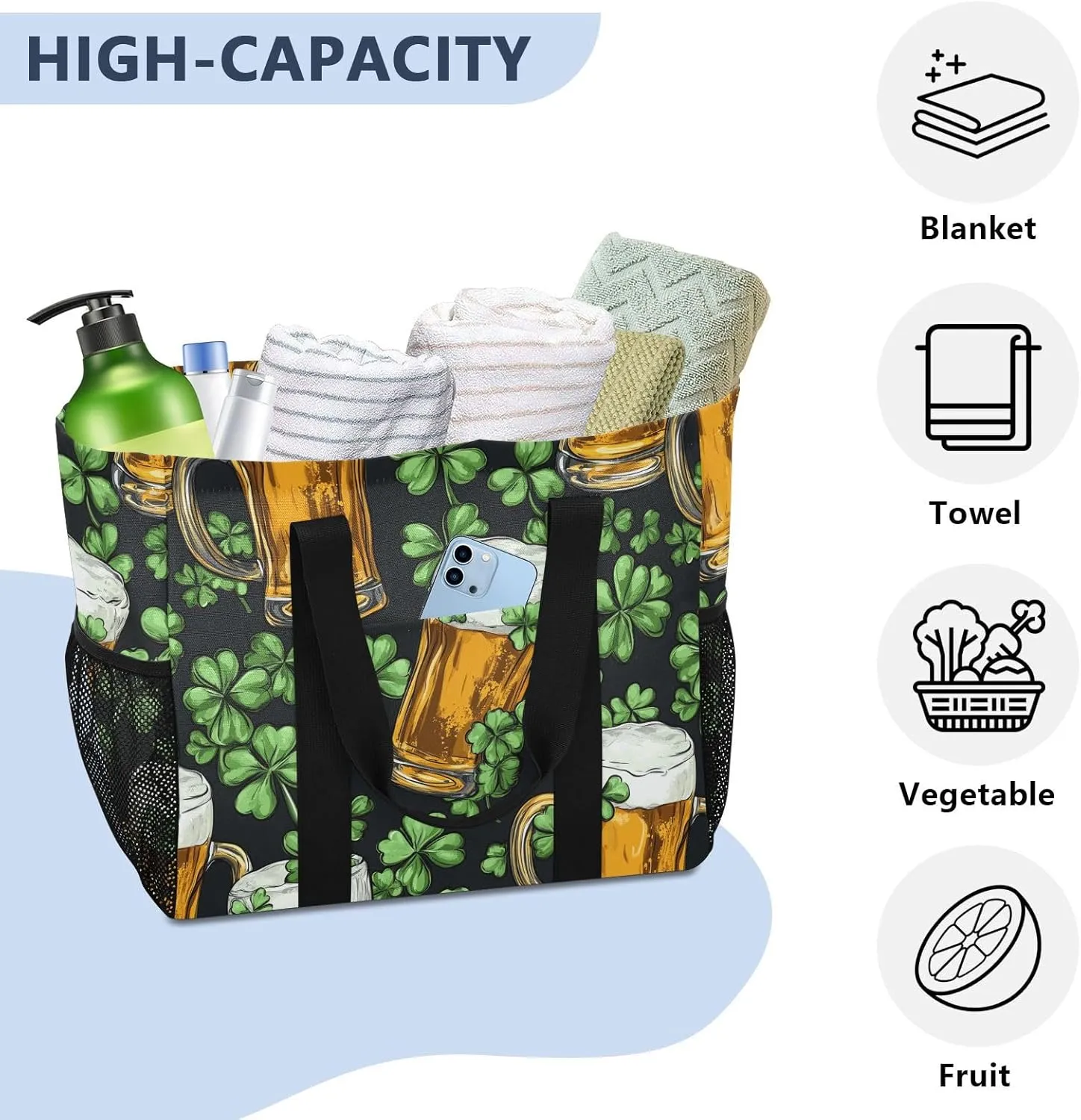 ALAZA Clover Leaves and Glasses Of Beer for St. Patrick's Day Waterproof Beach Tote Bags