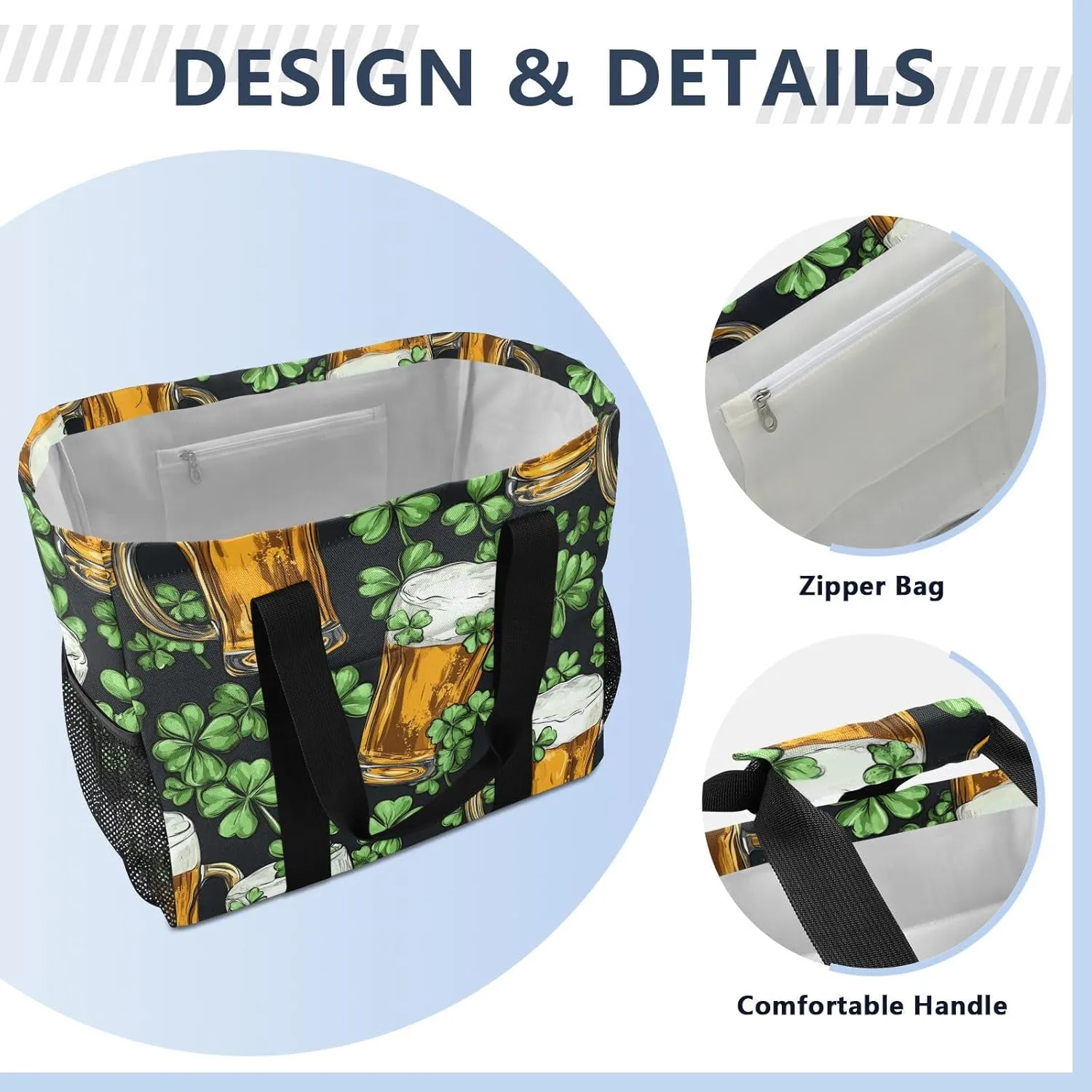 ALAZA Clover Leaves and Glasses Of Beer for St. Patrick's Day Waterproof Beach Tote Bags