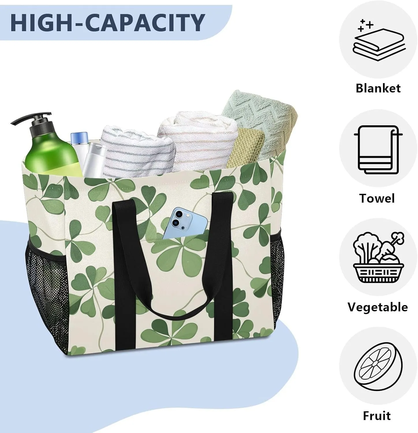 ALAZA Clover Leaves and Glasses Of Beer for St. Patrick's Day Waterproof Beach Tote Bags