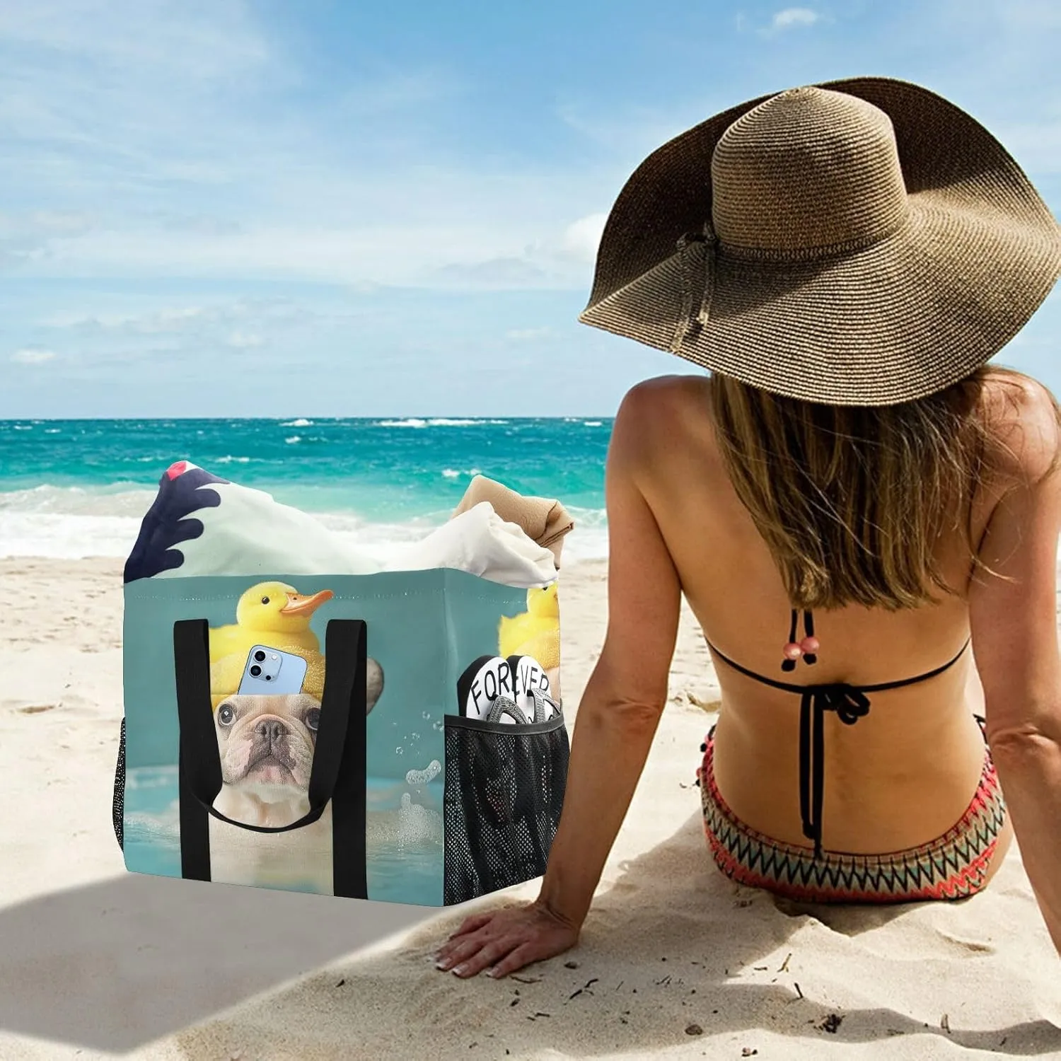 ALAZA French Bulldog Sticking Its Head Through A Hole Waterproof Beach Tote Bags