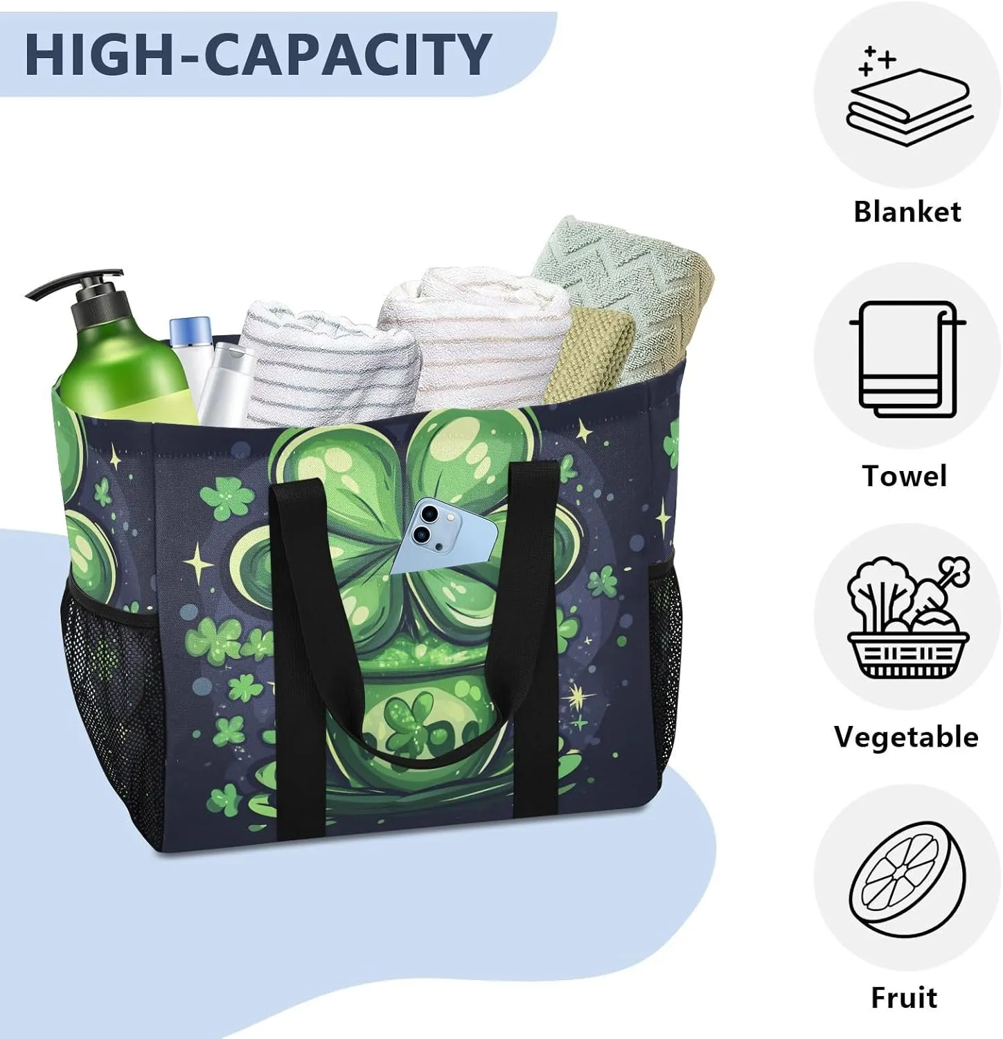 ALAZA Happy St. Patrick's Day Shamrock Dinosaur Waterproof Beach Tote Bags
