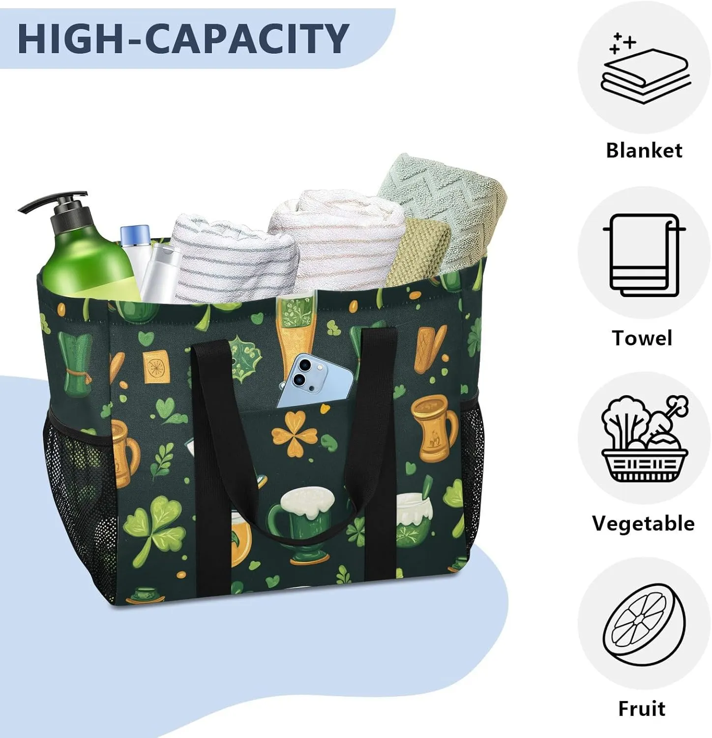 ALAZA St. Patrick's Day Clover Leaves and Glasses Of Beer Waterproof Beach Tote Bags