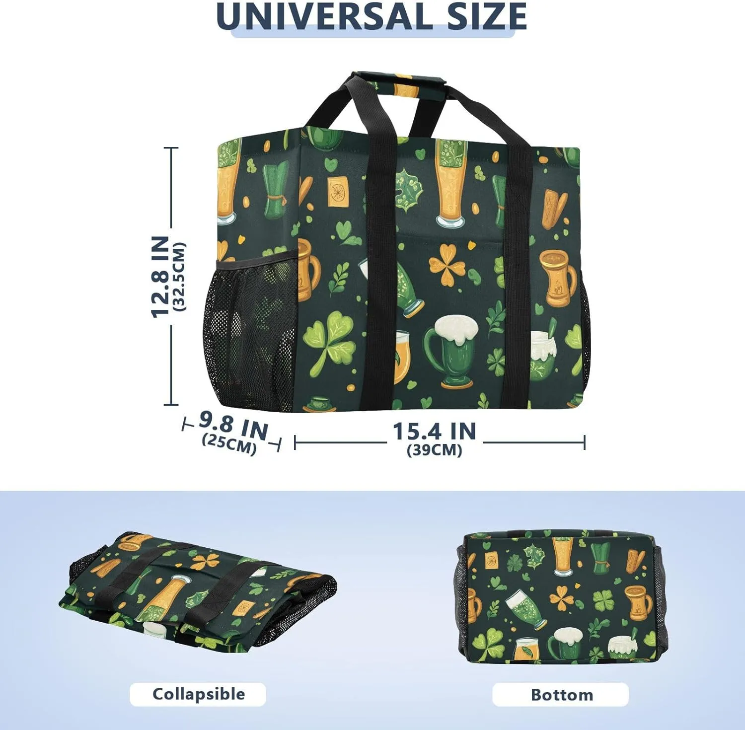 ALAZA St. Patrick's Day Clover Leaves and Glasses Of Beer Waterproof Beach Tote Bags