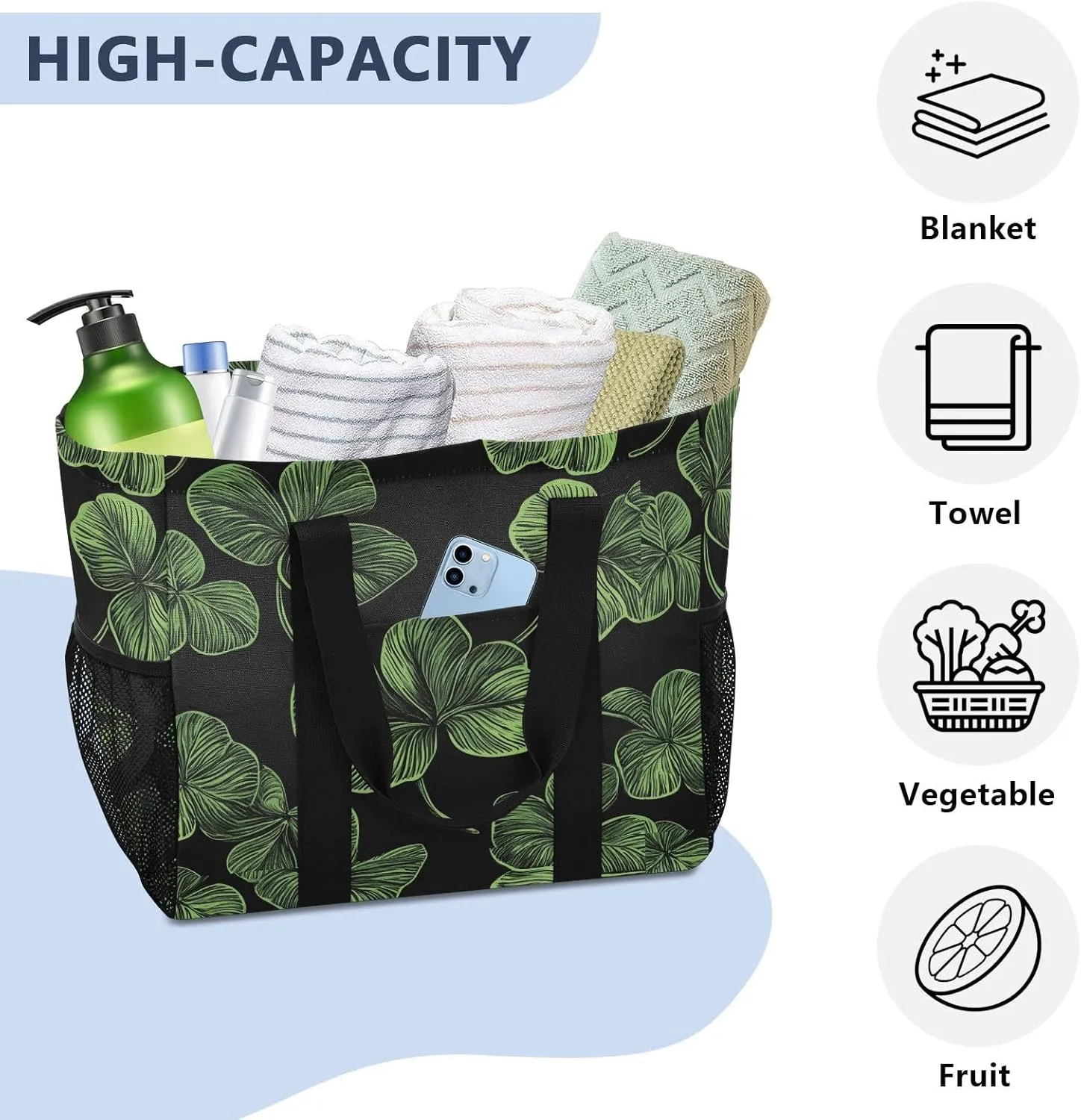 ALAZA St. Patrick's Day Clover Leaves and Glasses Of Beer Waterproof Beach Tote Bags