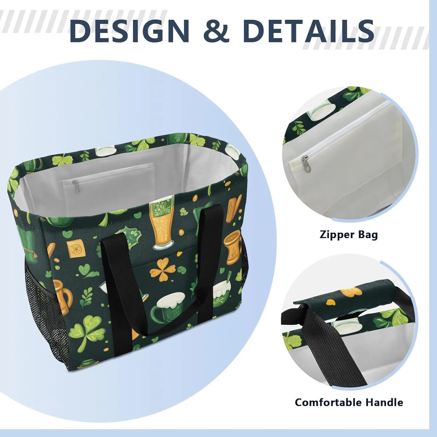 ALAZA St. Patrick's Day Clover Leaves and Glasses Of Beer Waterproof Beach Tote Bags