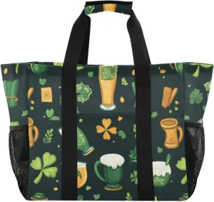 ALAZA St. Patrick's Day Clover Leaves and Glasses Of Beer Waterproof Beach Tote Bags