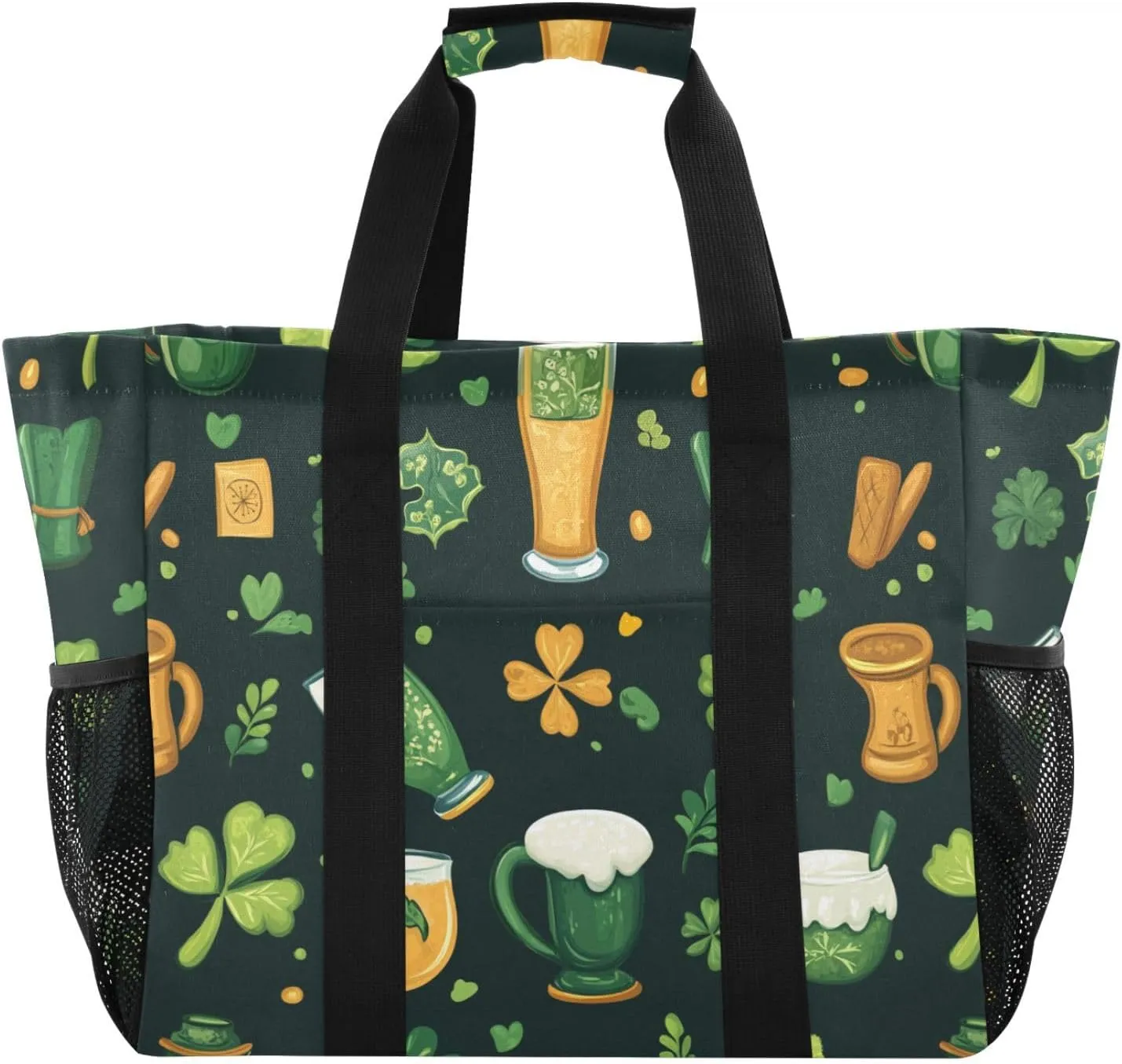 ALAZA St. Patrick's Day Clover Leaves and Glasses Of Beer Waterproof Beach Tote Bags