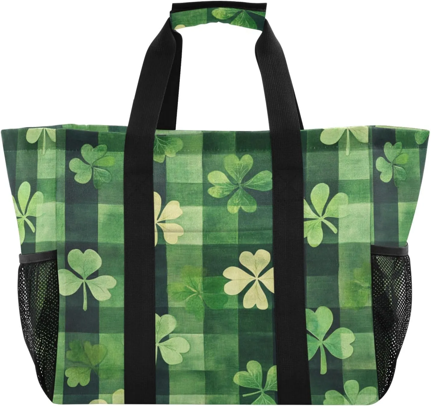 ALAZA St. Patricks Day Plaid Clover Leaves Waterproof Beach Tote Bags