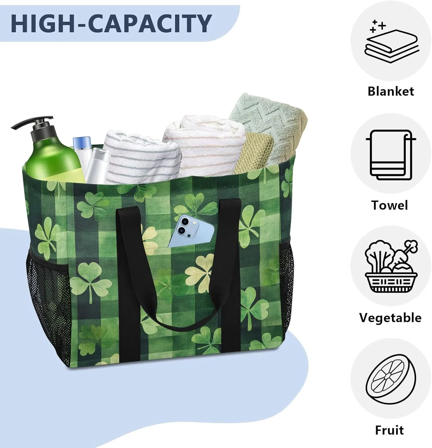 ALAZA St. Patricks Day Plaid Clover Leaves Waterproof Beach Tote Bags
