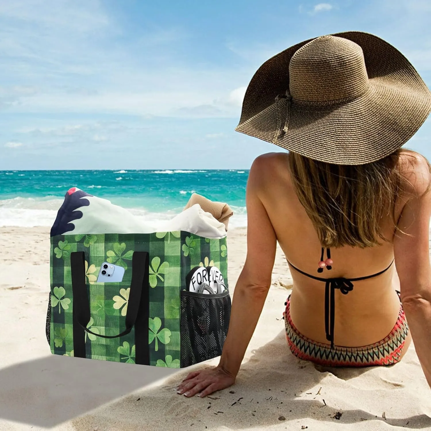 ALAZA St. Patricks Day Plaid Clover Leaves Waterproof Beach Tote Bags