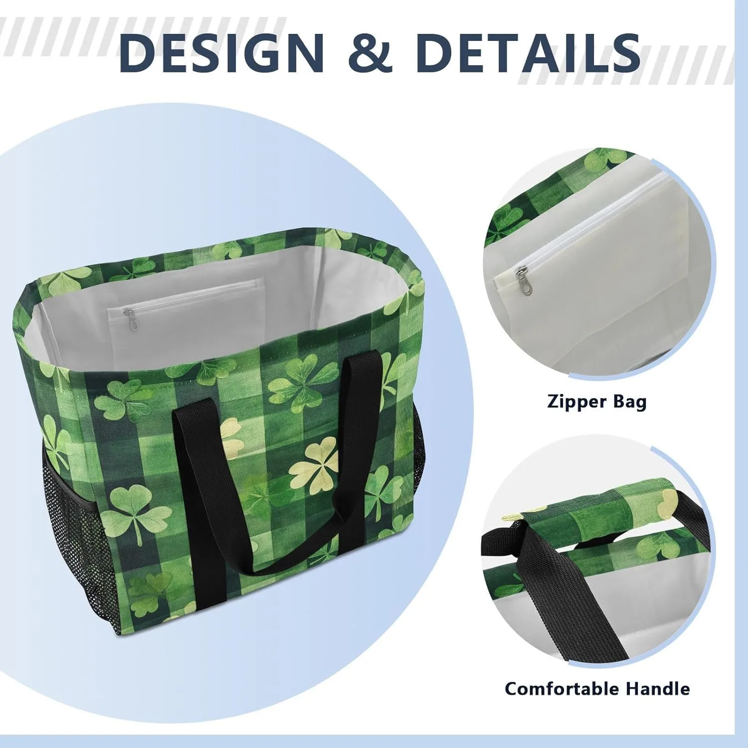 ALAZA St. Patricks Day Plaid Clover Leaves Waterproof Beach Tote Bags
