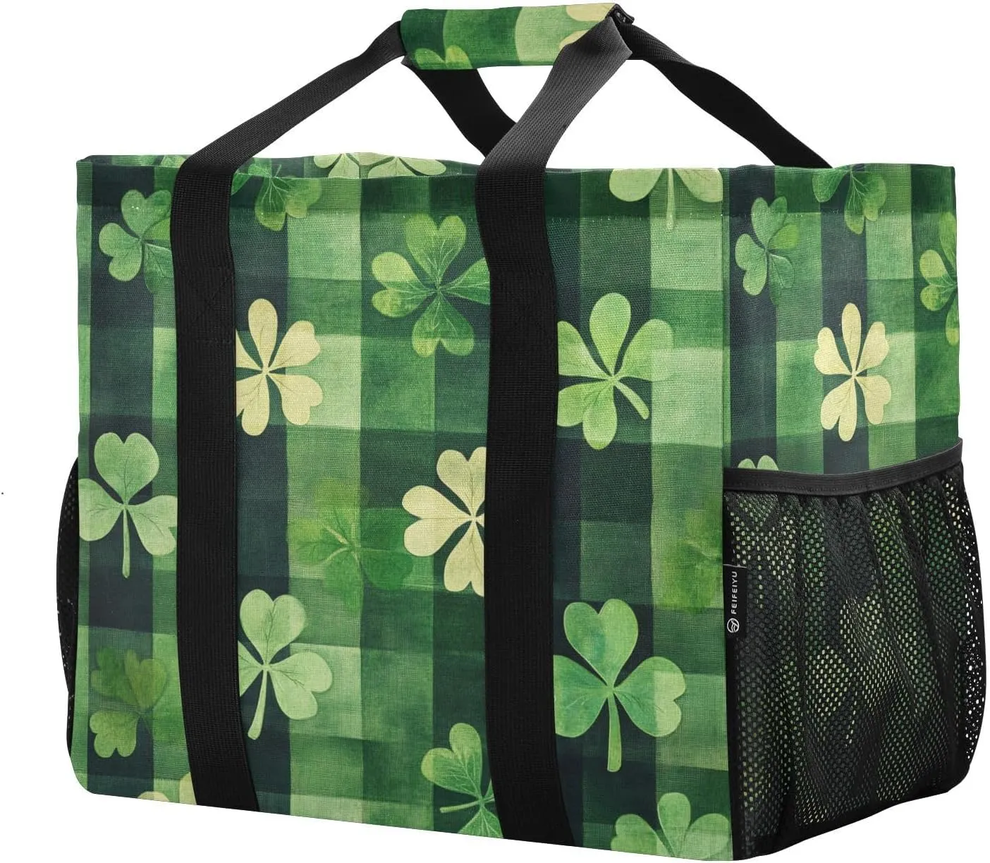 ALAZA St. Patricks Day Plaid Clover Leaves Waterproof Beach Tote Bags