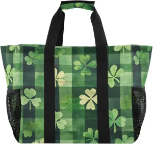 ALAZA St. Patricks Day Plaid Clover Leaves Waterproof Beach Tote Bags