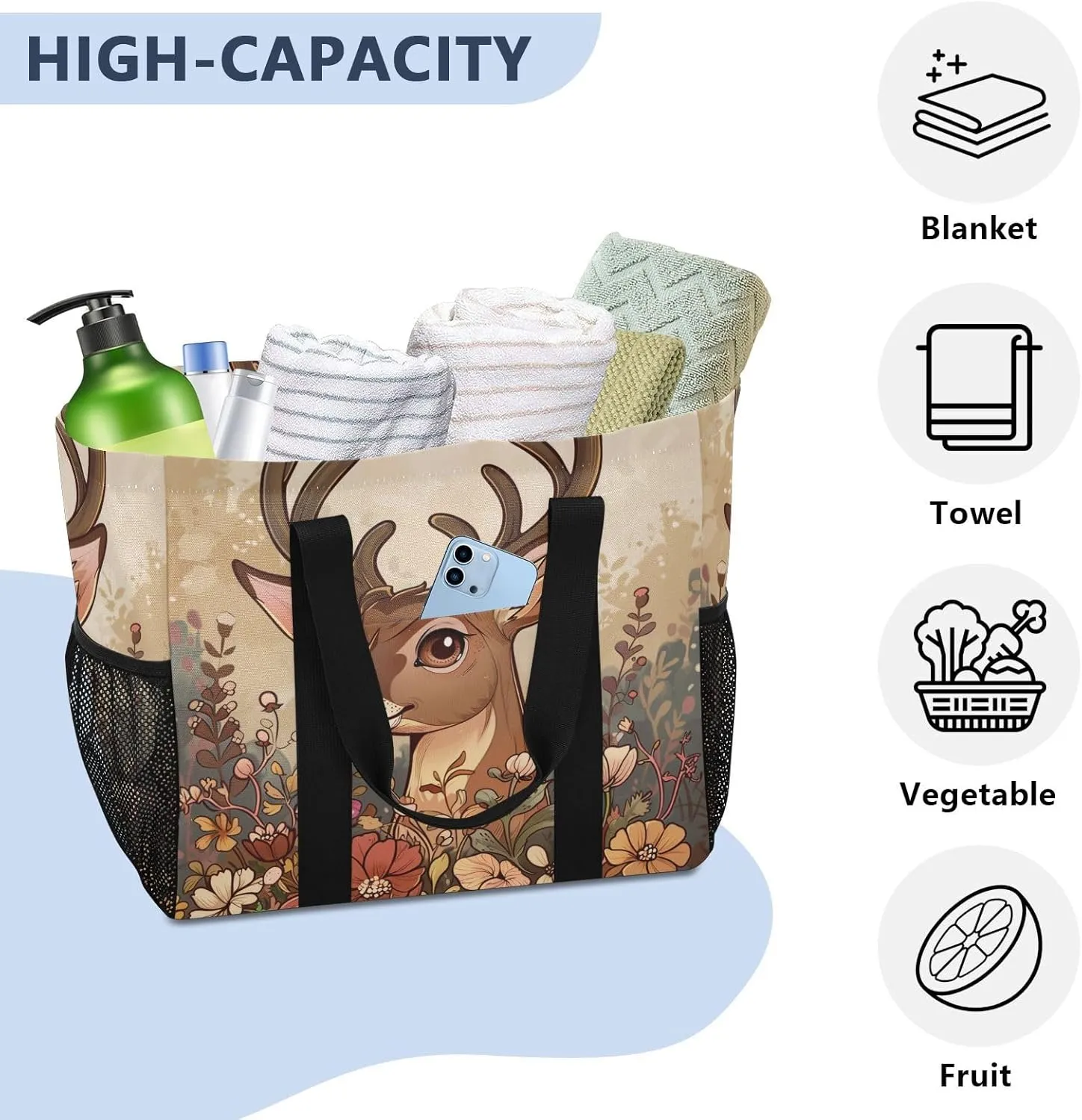 ALAZA Watercolor Moon Winter Deer Waterproof Beach Tote Bags