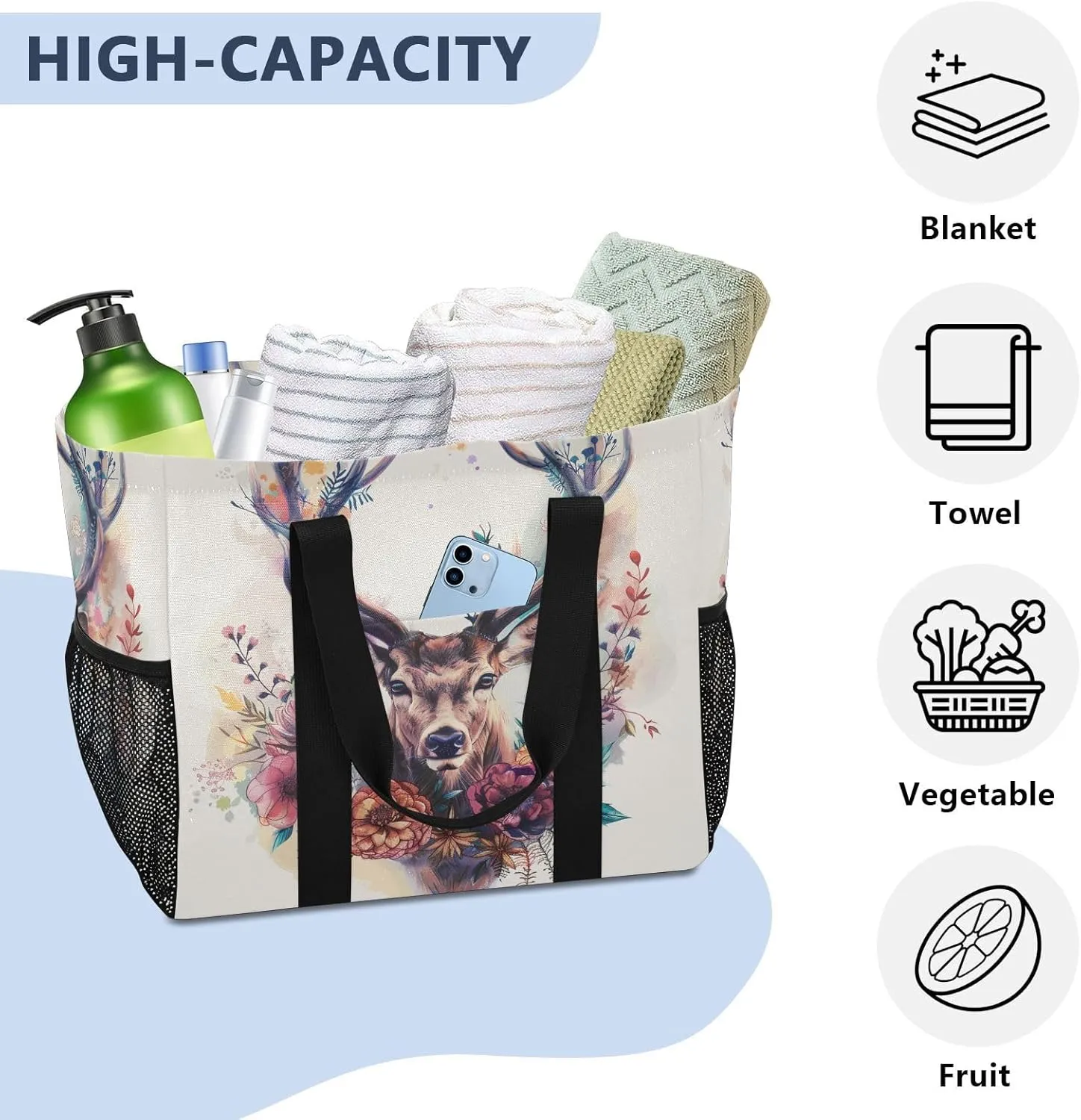 ALAZA Watercolor Moon Winter Deer Waterproof Beach Tote Bags