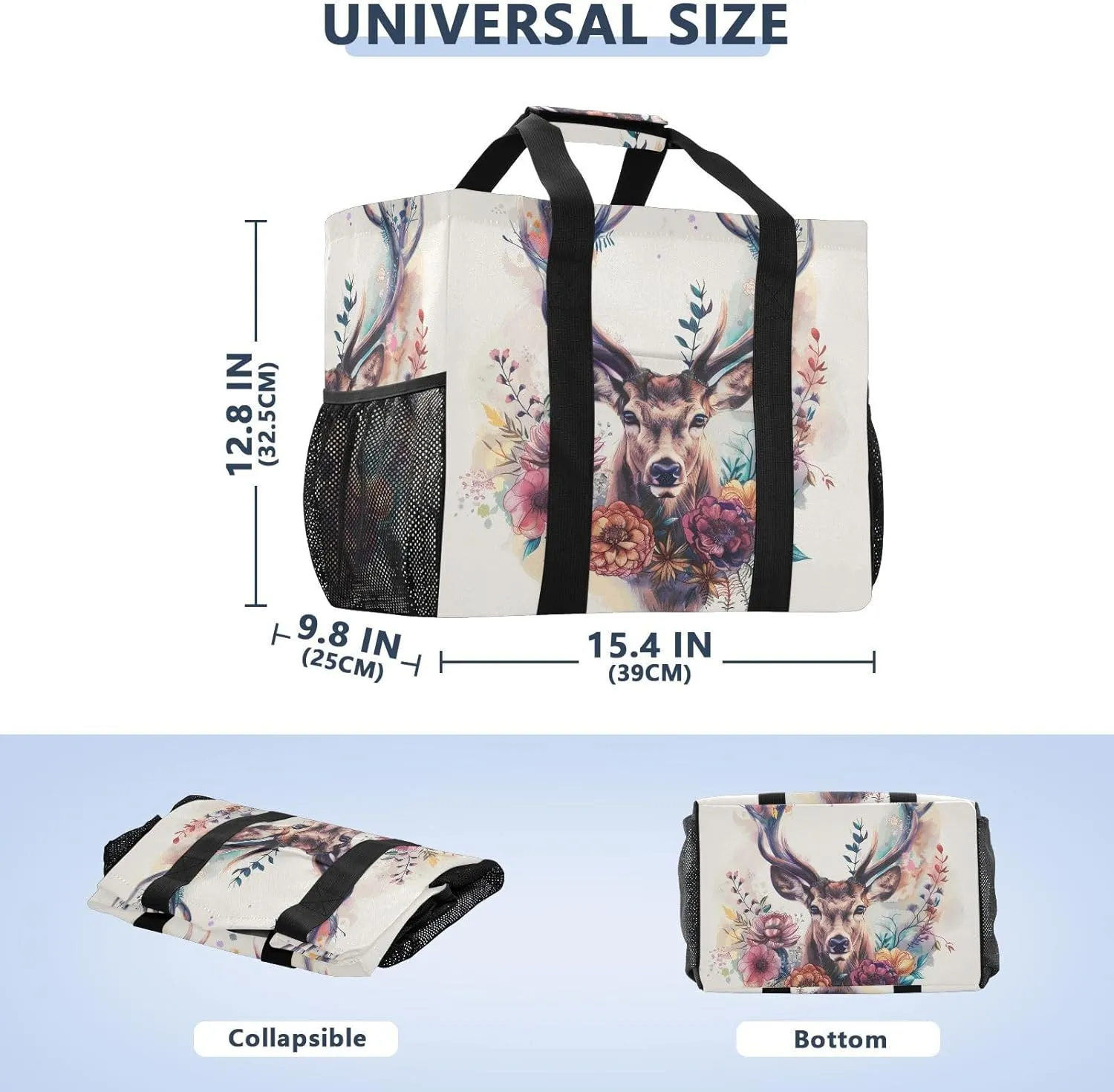 ALAZA Watercolor Moon Winter Deer Waterproof Beach Tote Bags