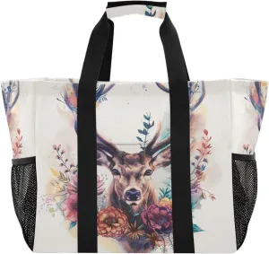 ALAZA Watercolor Moon Winter Deer Waterproof Beach Tote Bags