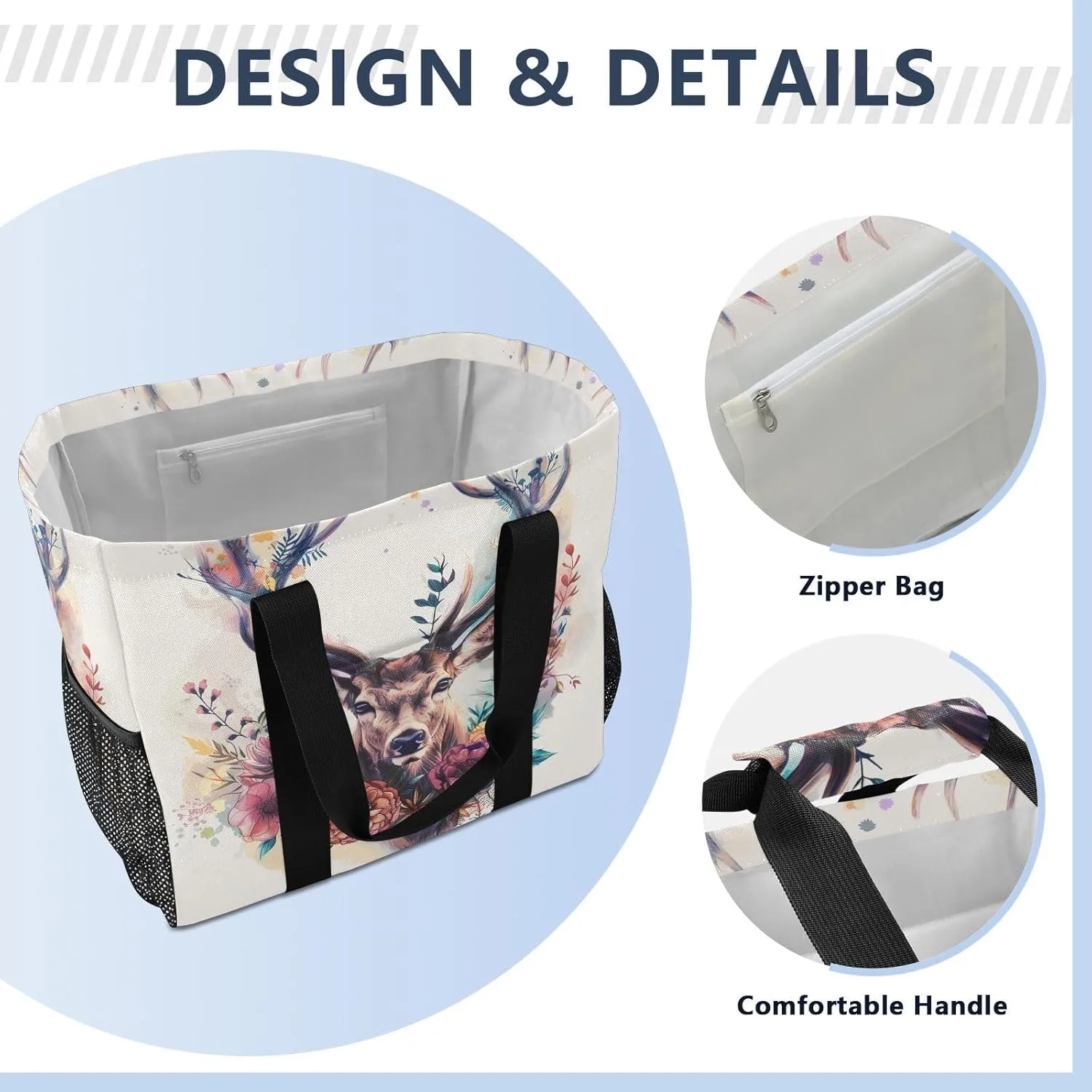 ALAZA Watercolor Moon Winter Deer Waterproof Beach Tote Bags