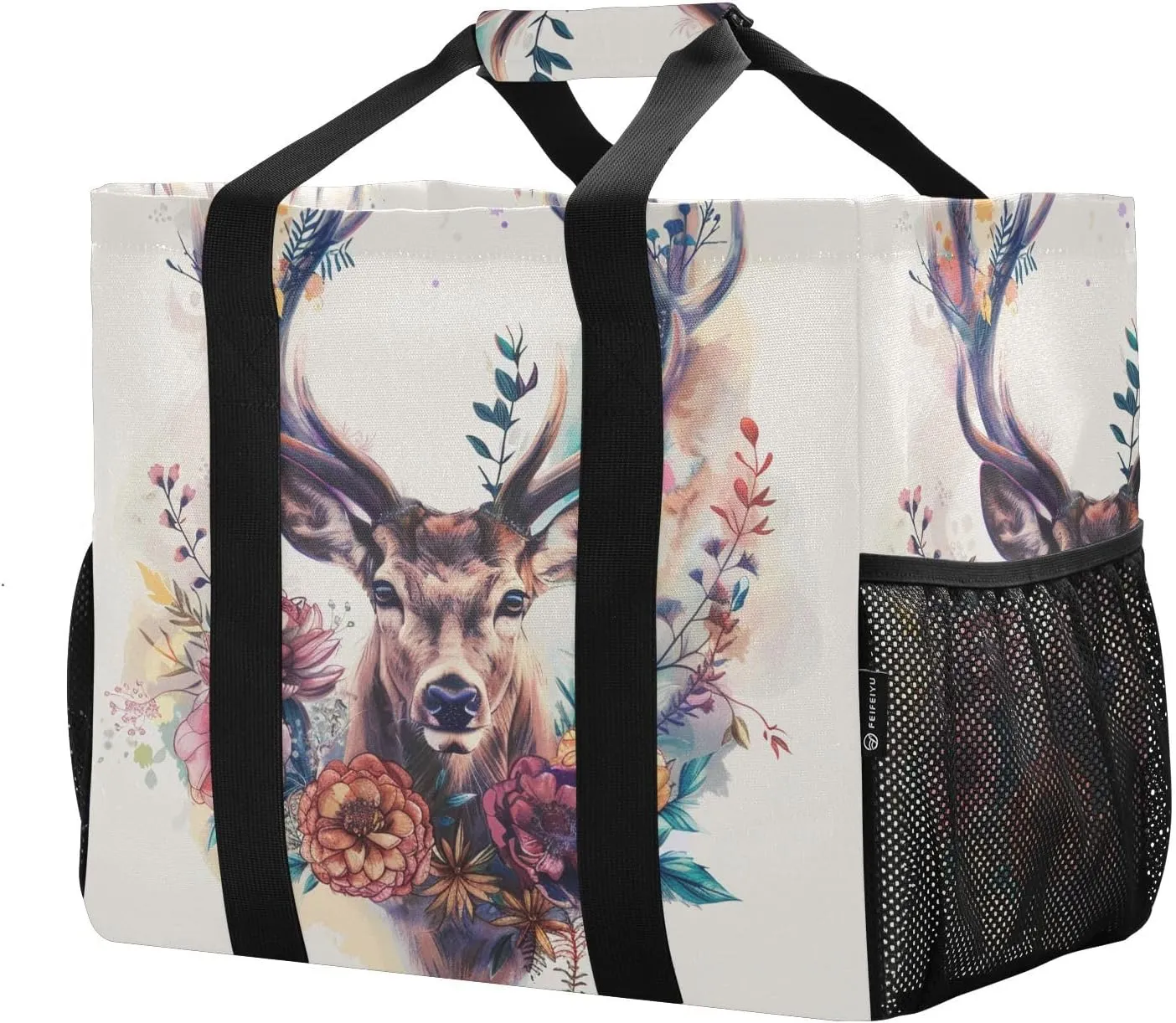 ALAZA Watercolor Moon Winter Deer Waterproof Beach Tote Bags