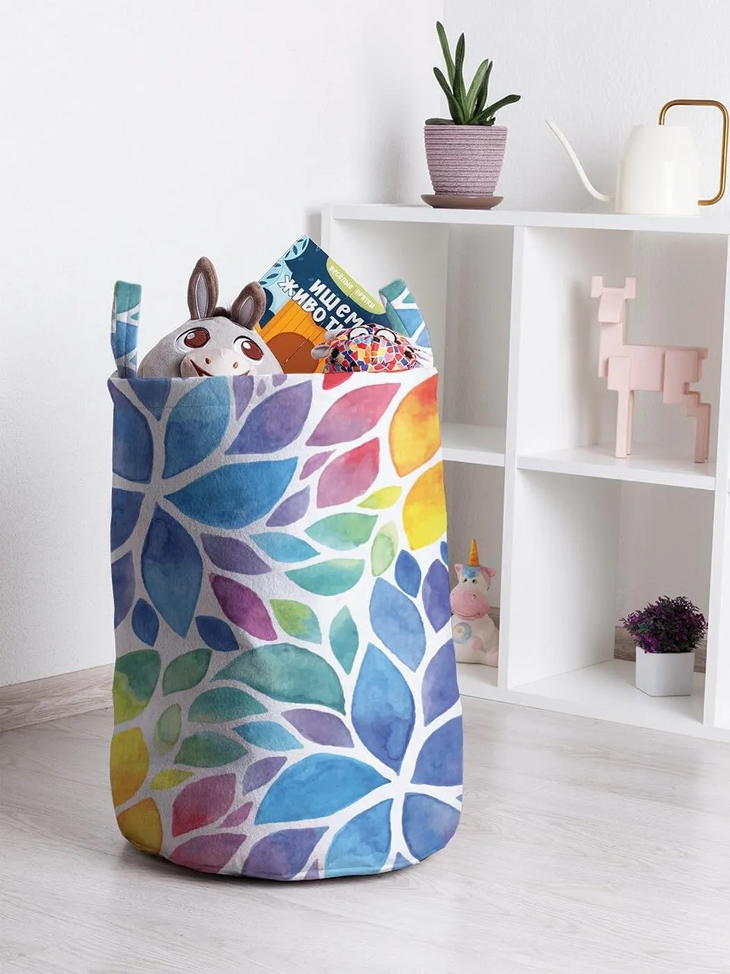 Ambesonne Colorful Laundry Bag Pack of 2, Blossoming Nature Rainbow Colored Foliage in Watercolor Style Spring Illustration, Hamper Basket with Handles Drawstring Closure, 13" x 19", Blue Multicolor
