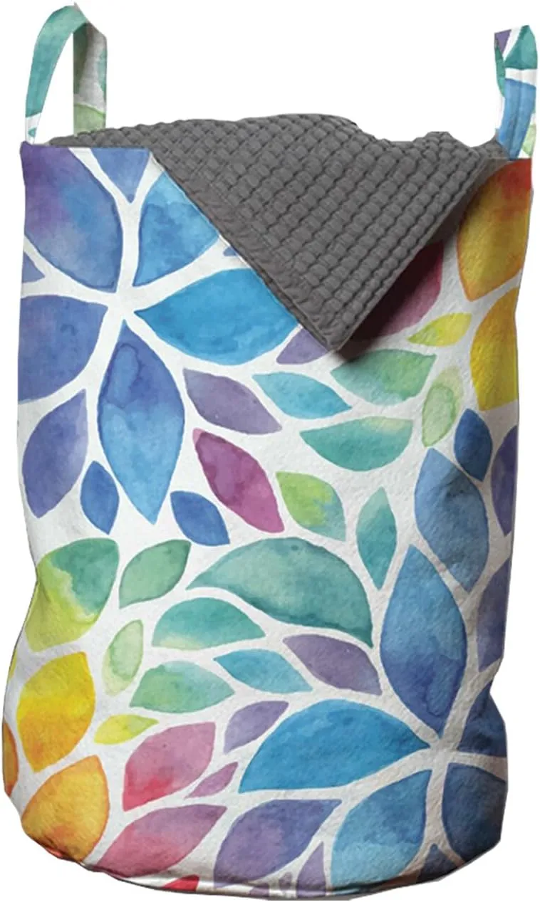 Ambesonne Colorful Laundry Bag Pack of 2, Blossoming Nature Rainbow Colored Foliage in Watercolor Style Spring Illustration, Hamper Basket with Handles Drawstring Closure, 13" x 19", Blue Multicolor