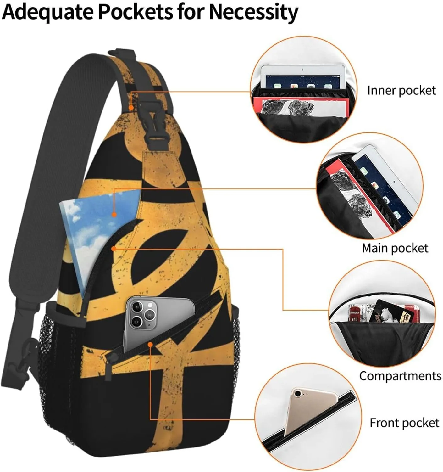 Ancient Ankh Egyptian Eye Symbolcrossbody Bag, Adjustable Shoulder Strap Chest Bag, Sports Travel, Running, Leisure Waist Bag