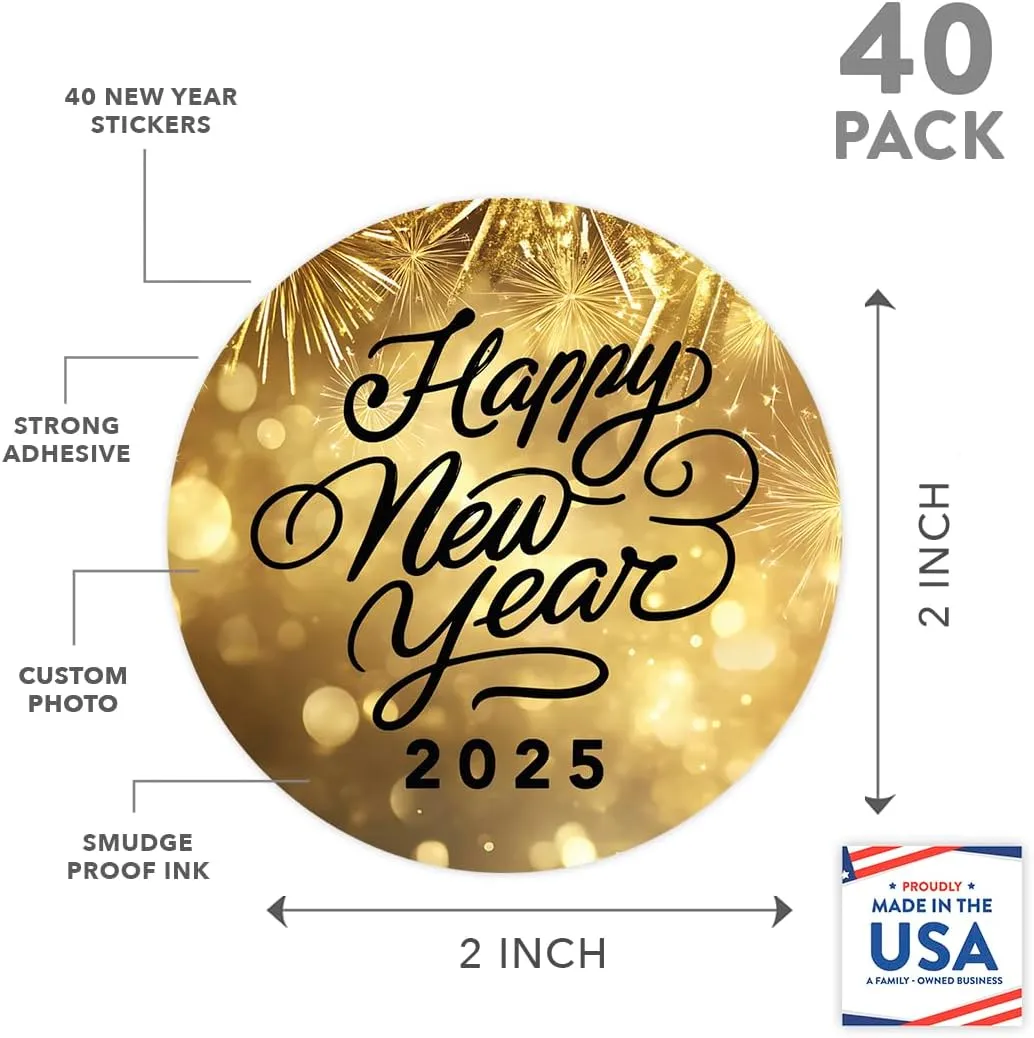 Andaz Press Gold Fireworks Happy New Year Round Stickers 2025 for New Years Party Favors 2025 Happy New Year Gift Bag Candy Boxes Kids Crafts Envelope Seals 2025 Stickers 40 Pack, 2 Inch Size Labels