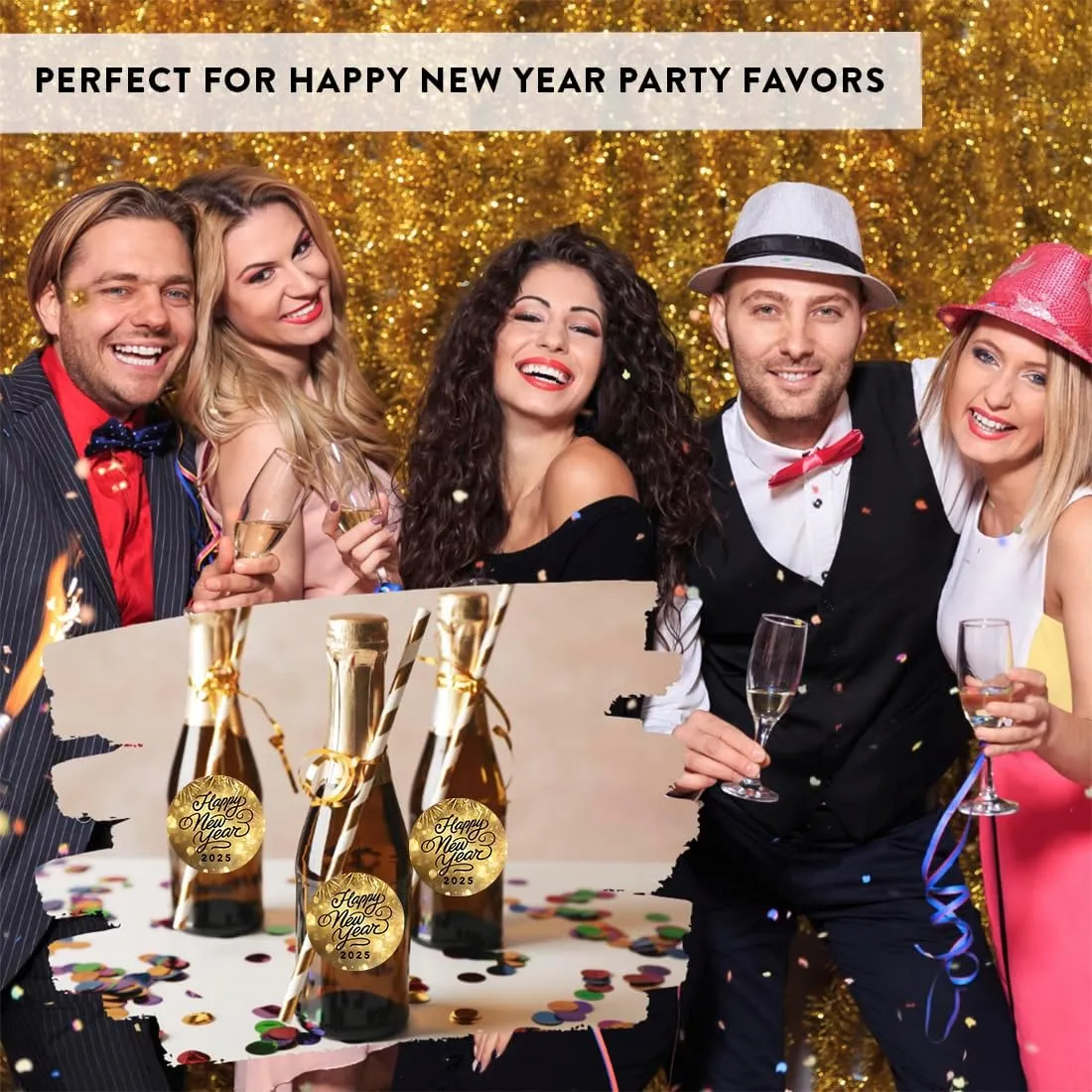 Andaz Press Gold Fireworks Happy New Year Round Stickers 2025 for New Years Party Favors 2025 Happy New Year Gift Bag Candy Boxes Kids Crafts Envelope Seals 2025 Stickers 40 Pack, 2 Inch Size Labels