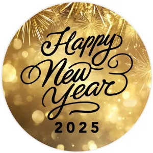 Andaz Press Gold Fireworks Happy New Year Round Stickers 2025 for New Years Party Favors 2025 Happy New Year Gift Bag Candy Boxes Kids Crafts Envelope Seals 2025 Stickers 40 Pack, 2 Inch Size Labels