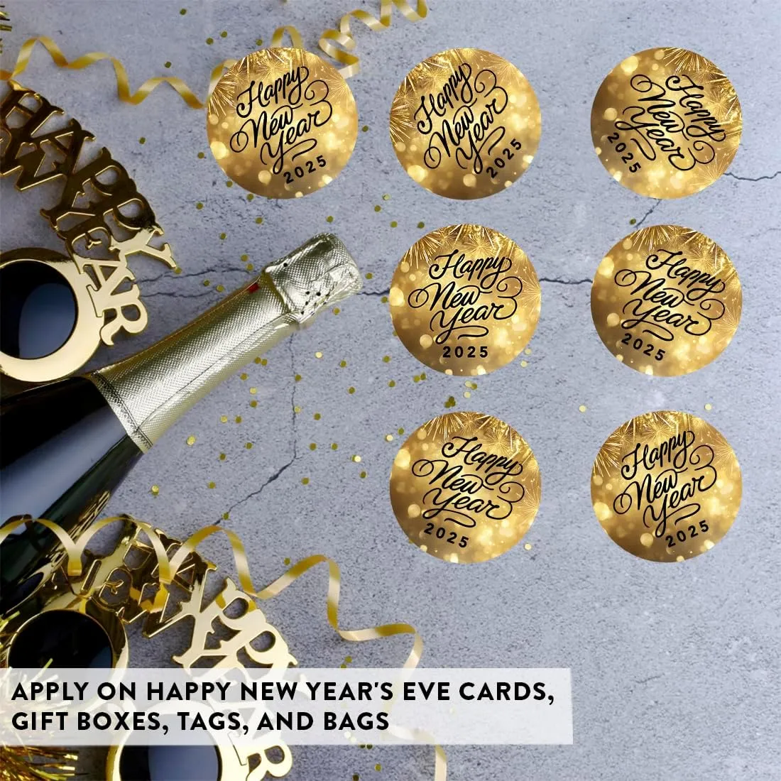 Andaz Press Gold Fireworks Happy New Year Round Stickers 2025 for New Years Party Favors 2025 Happy New Year Gift Bag Candy Boxes Kids Crafts Envelope Seals 2025 Stickers 40 Pack, 2 Inch Size Labels