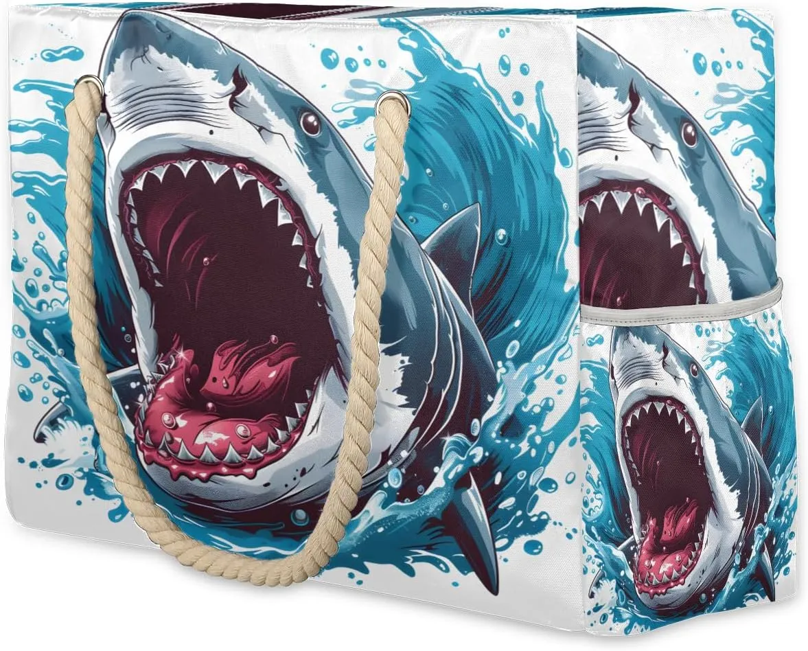 Angry Sharks Large Beach Tote Bag Women Waterproof Sandproof Zipper Ocean Animal Beach Bag for Pool Gym Grocery Travel with Wet Pocket