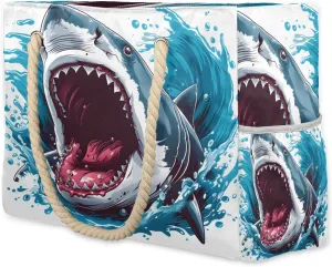 Angry Sharks Large Beach Tote Bag Women Waterproof Sandproof Zipper Ocean Animal Beach Bag for Pool Gym Grocery Travel with Wet Pocket