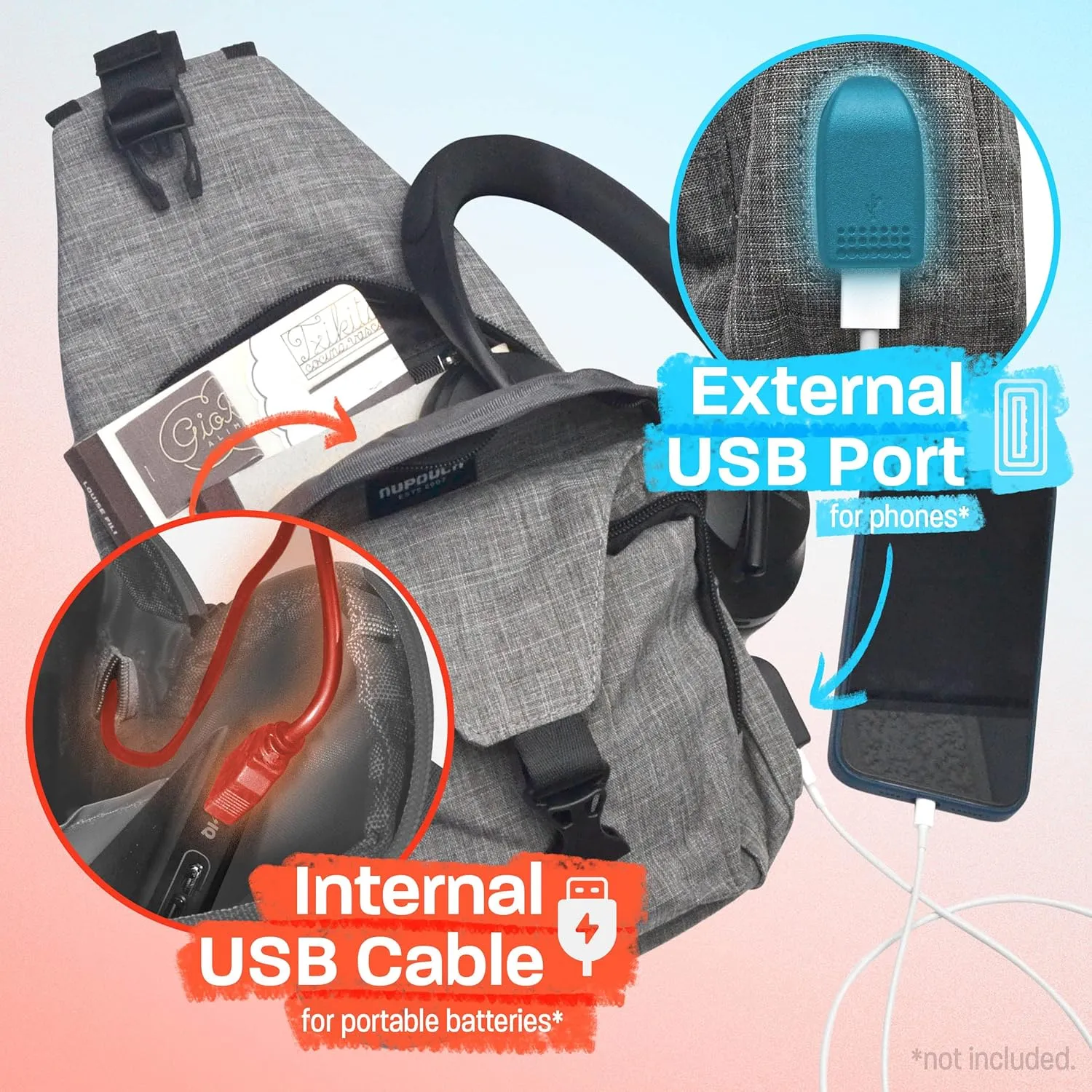 Anti-Theft Daypack Crossbody Sling Backpack, USB Charging Connector Port, Lightweight Day Pack for Travel, Hiking, Everyday, Regular, Rose