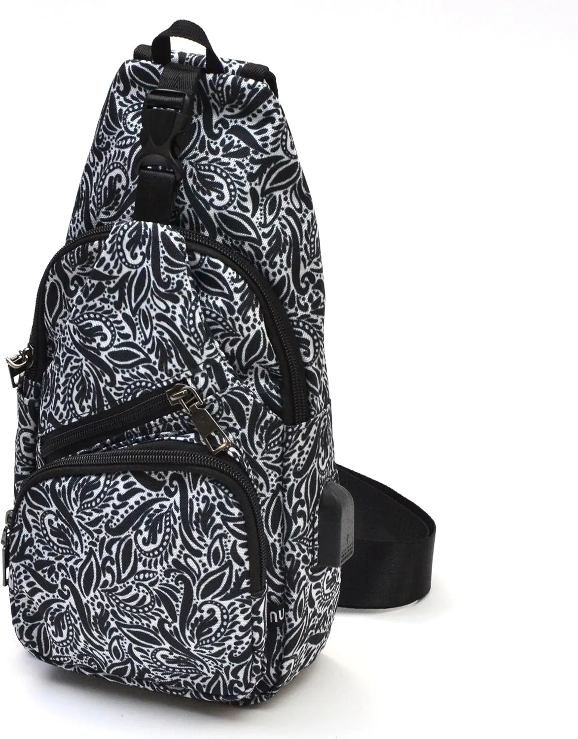 Anti-Theft Daypack Crossbody Sling Backpack, USB Charging, Lightweight Day Pack for Travel, Hiking, Everyday, Regular, Black Paisley
