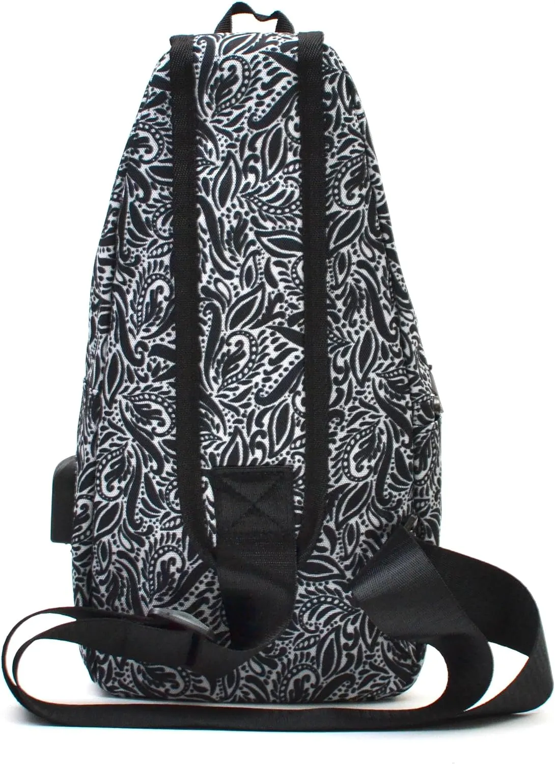 Anti-Theft Daypack Crossbody Sling Backpack, USB Charging, Lightweight Day Pack for Travel, Hiking, Everyday, Regular, Black Paisley