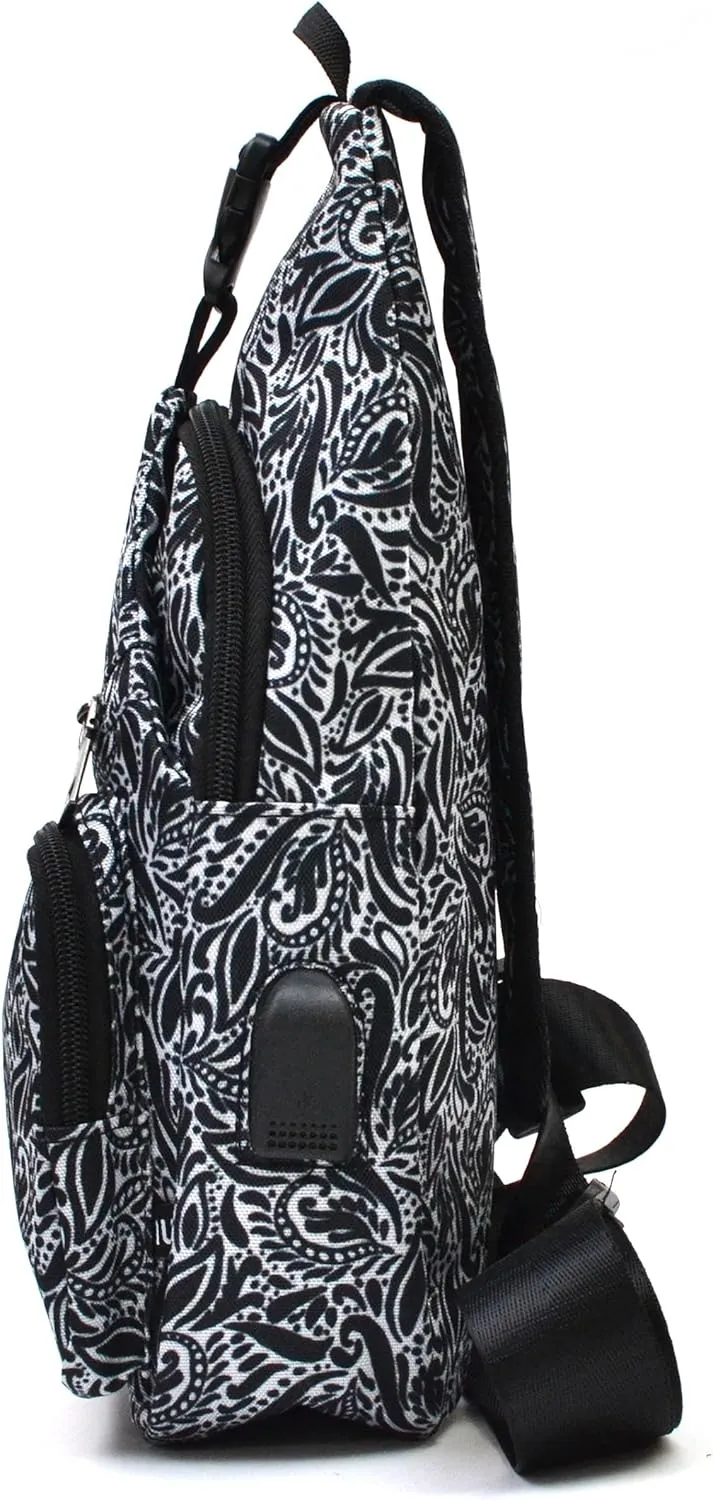 Anti-Theft Daypack Crossbody Sling Backpack, USB Charging, Lightweight Day Pack for Travel, Hiking, Everyday, Regular, Black Paisley