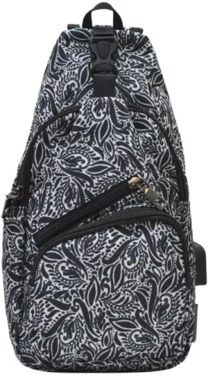 Anti-Theft Daypack Crossbody Sling Backpack, USB Charging, Lightweight Day Pack for Travel, Hiking, Everyday, Regular, Black Paisley