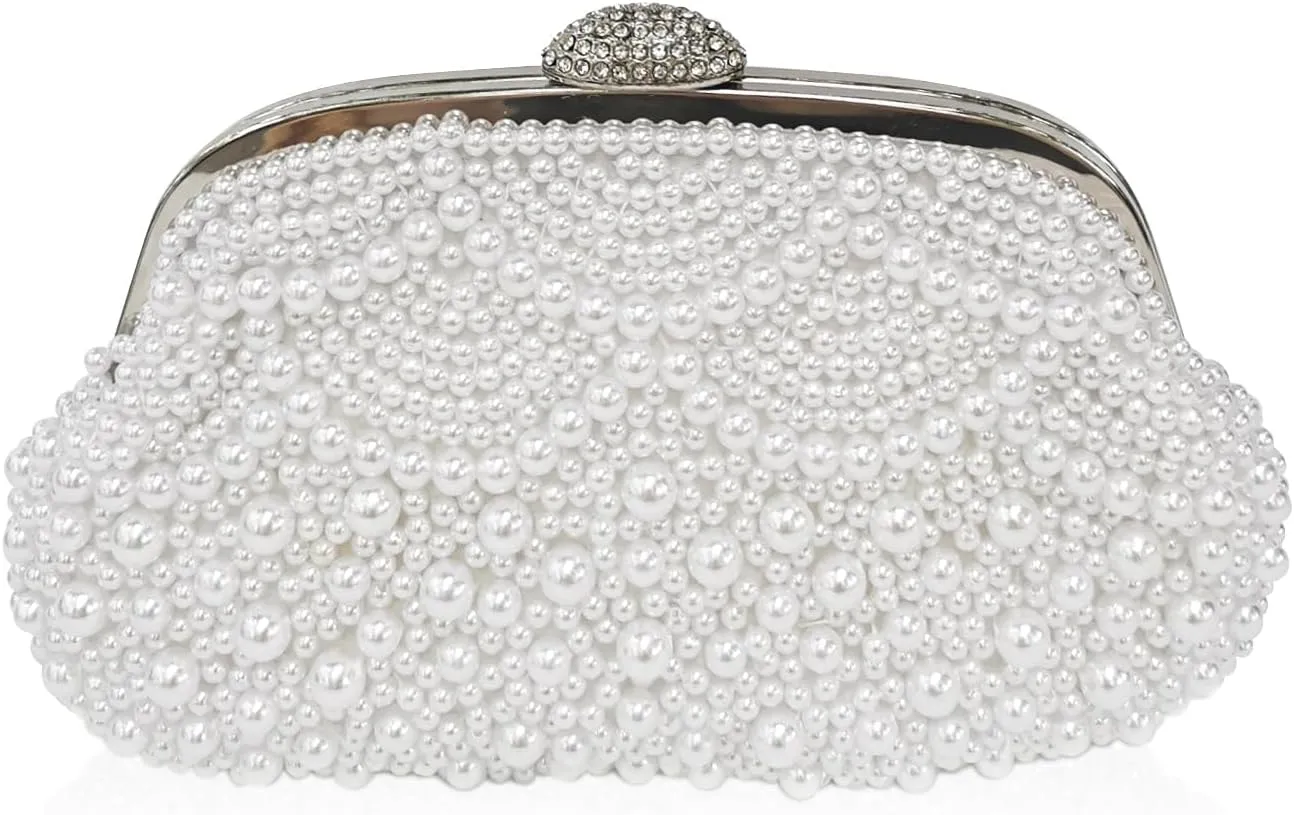 Aovtero Pearl Clutch Bride Bag Purse Women Wedding Prom Evening Bags Formal Full Beaded Handbag with Chain