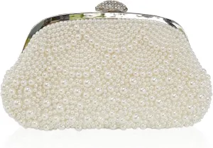 Aovtero Pearl Clutch Bride Bag Purse Women Wedding Prom Evening Bags Formal Full Beaded Handbag with Chain