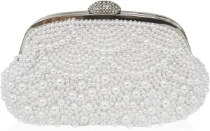 Aovtero Pearl Clutch Bride Bag Purse Women Wedding Prom Evening Bags Formal Full Beaded Handbag with Chain