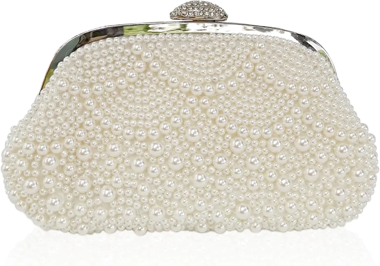 Aovtero Pearl Clutch Bride Bag Purse Women Wedding Prom Evening Bags Formal Full Beaded Handbag with Chain